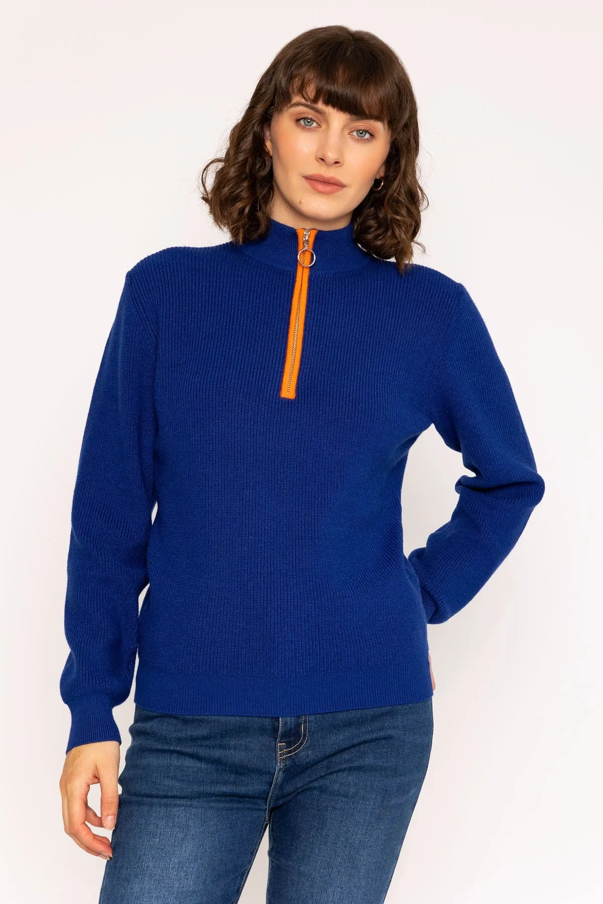 1/4 Zip Placket Contrast Knit Sweater in Cobalt Blue