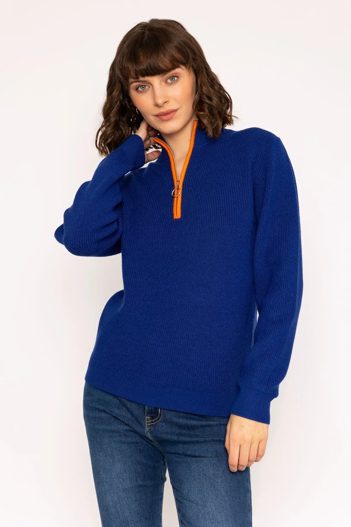 1/4 Zip Placket Contrast Knit Sweater in Cobalt Blue