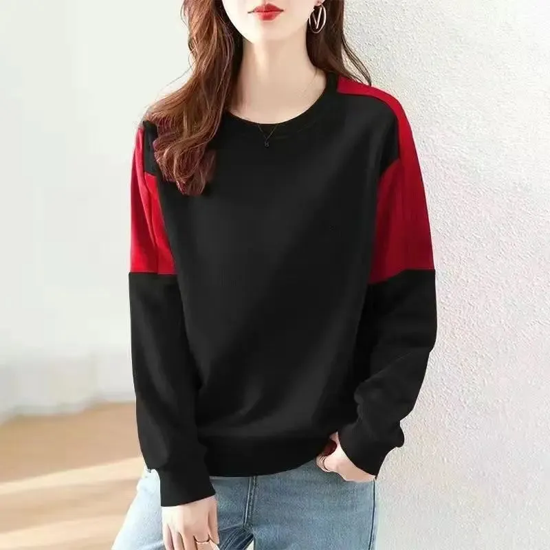 2023 Spring and Autumn Sports Casual Loose Round Neck Simple Sleeve Panel Contrast Comfortable Solid Oversize Women's Sweater