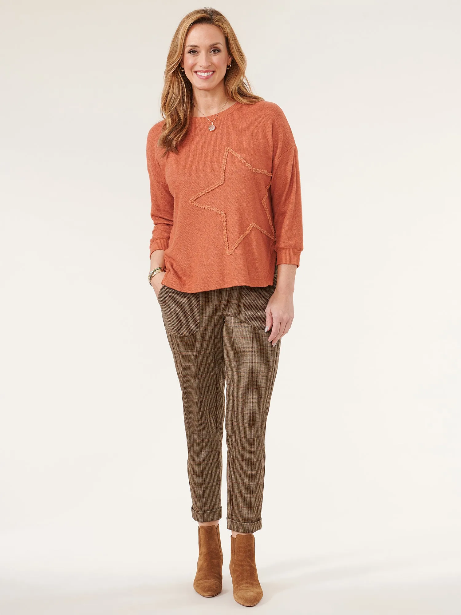 3/4 Sleeve Boat Neck Embroidered Star Knit Top