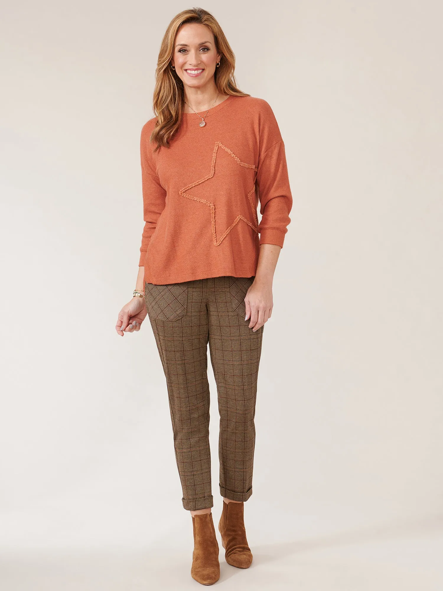 3/4 Sleeve Boat Neck Embroidered Star Knit Top