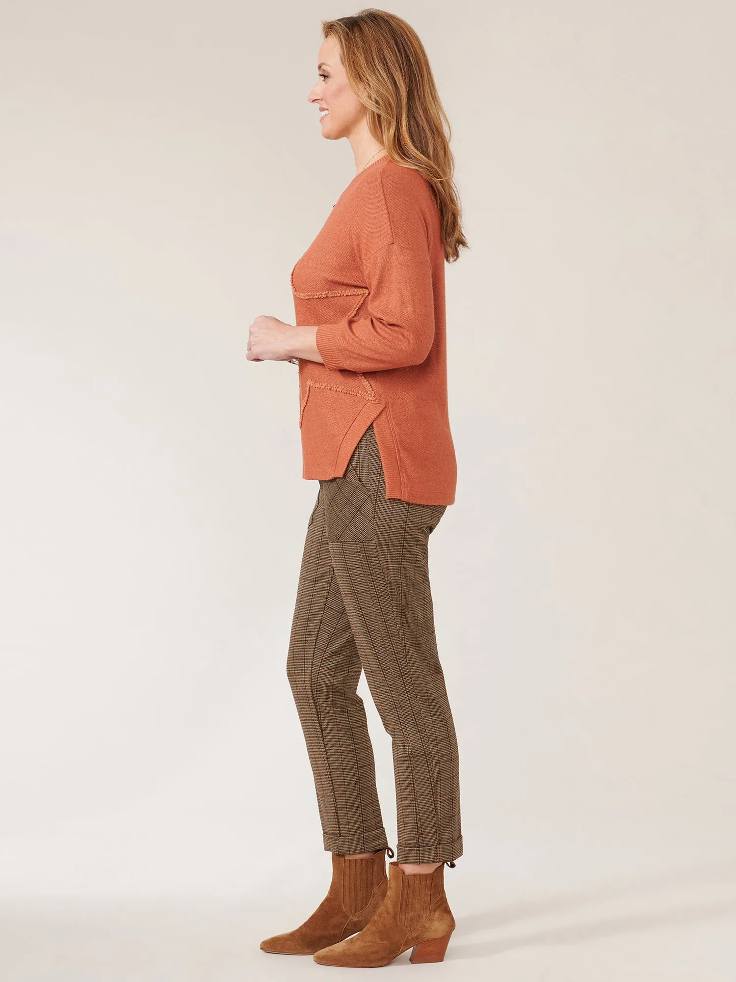 3/4 Sleeve Boat Neck Embroidered Star Knit Top