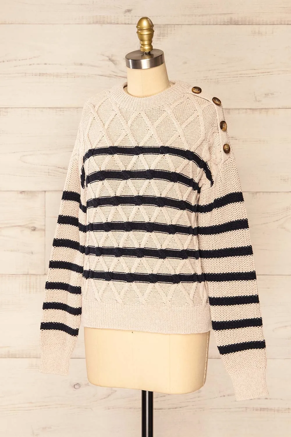 Algesiras Beige | Diamond Knit Striped Sweater