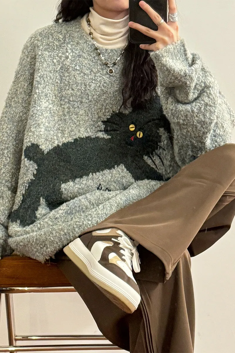 American Retro Loose Fun Bunny Knit Plush Crew Neck Sweater