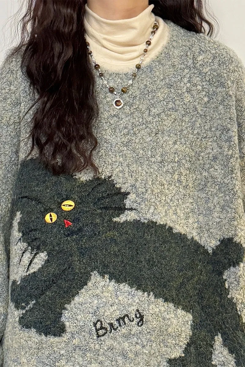 American Retro Loose Fun Bunny Knit Plush Crew Neck Sweater