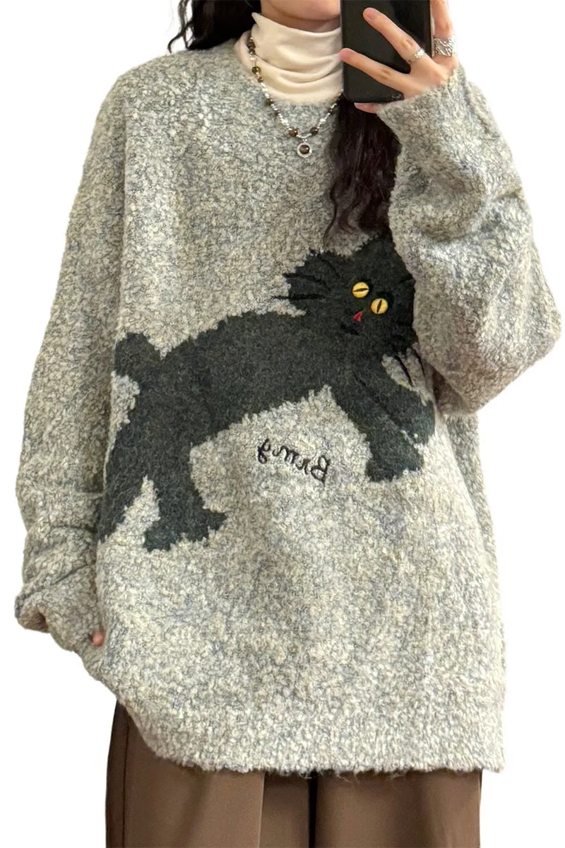American Retro Loose Fun Bunny Knit Plush Crew Neck Sweater