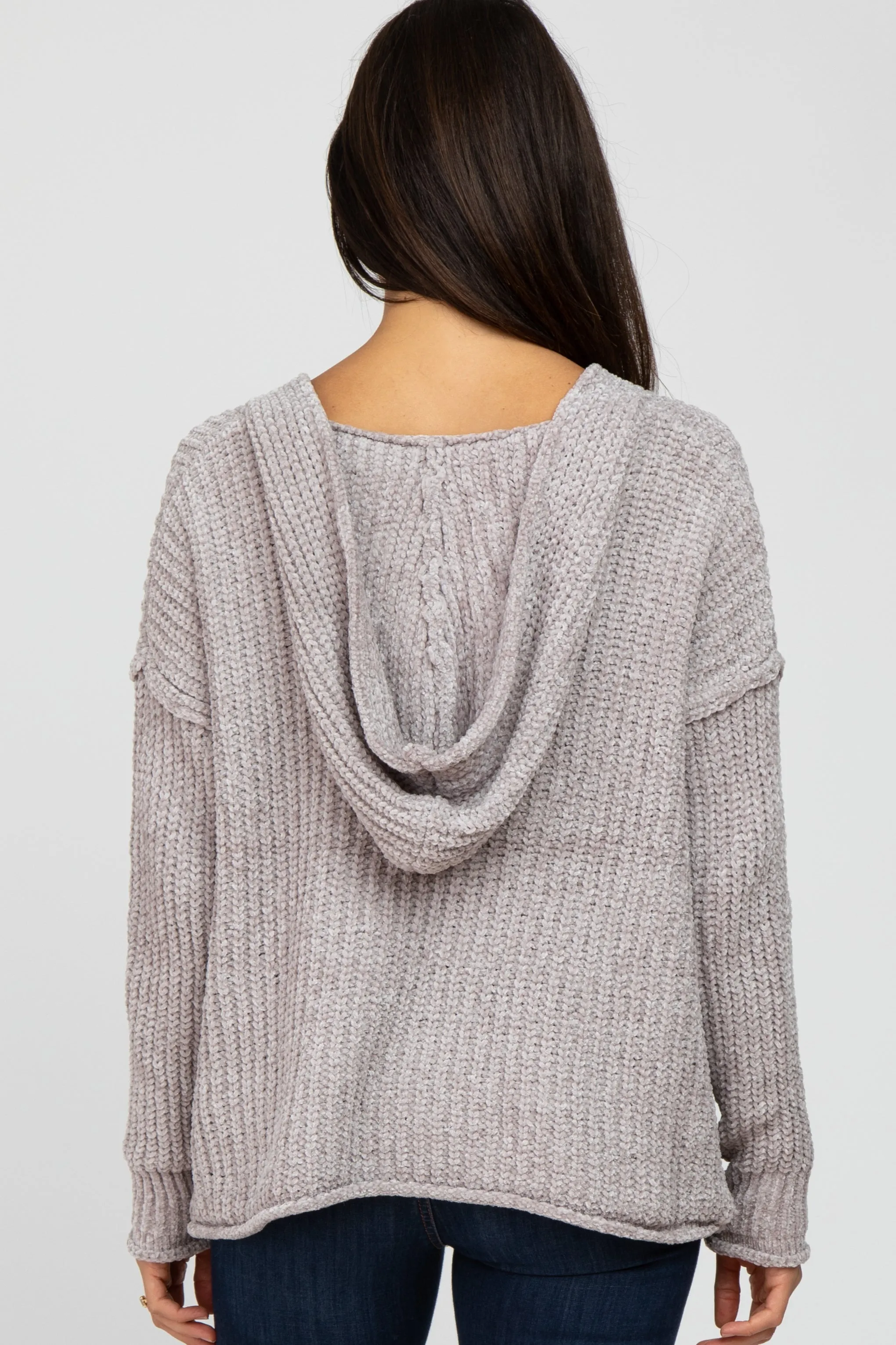 Beige Chenille V-Neck Hooded Sweater