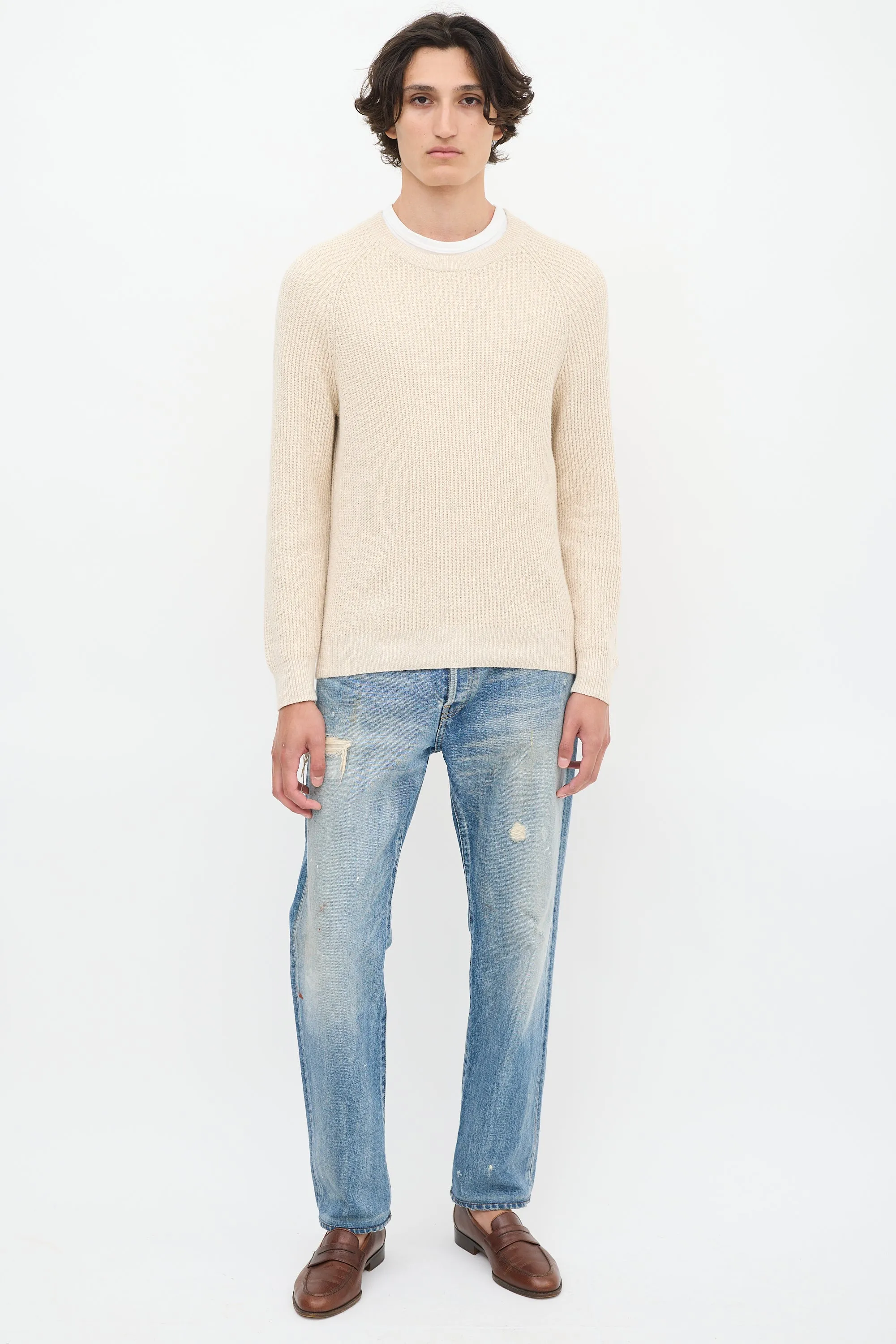 Beige Cotton Rib Knit Sweater