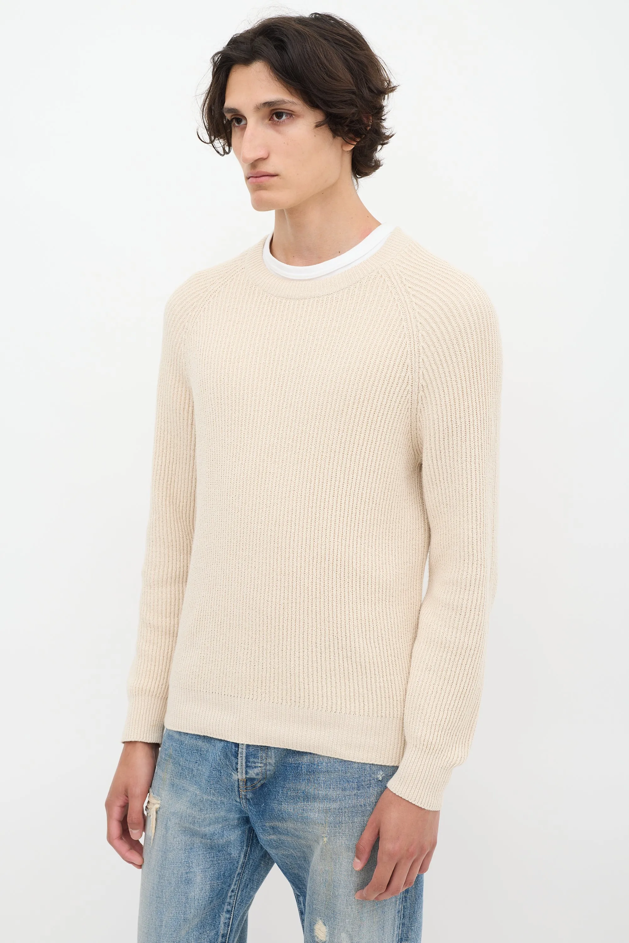 Beige Cotton Rib Knit Sweater