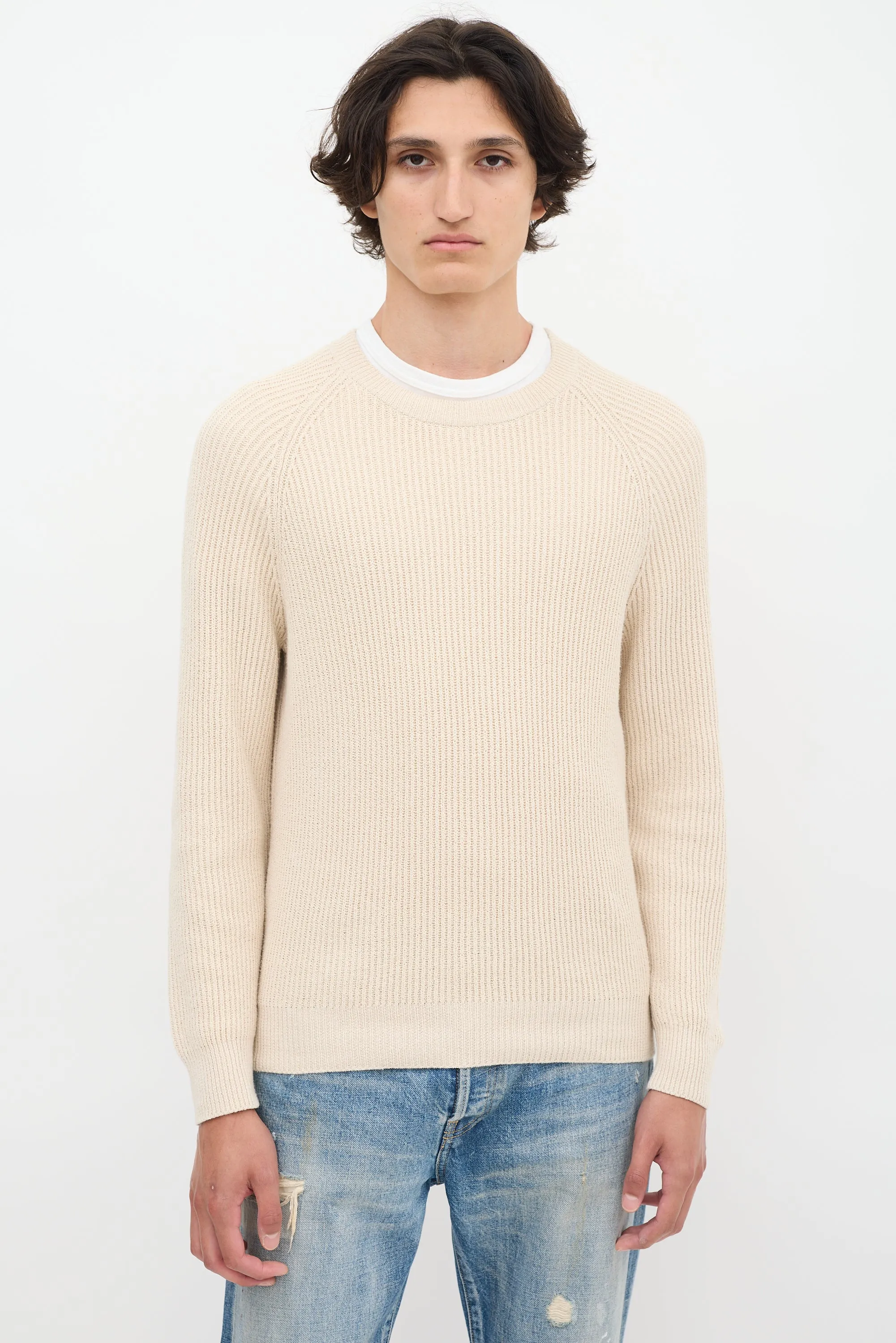Beige Cotton Rib Knit Sweater