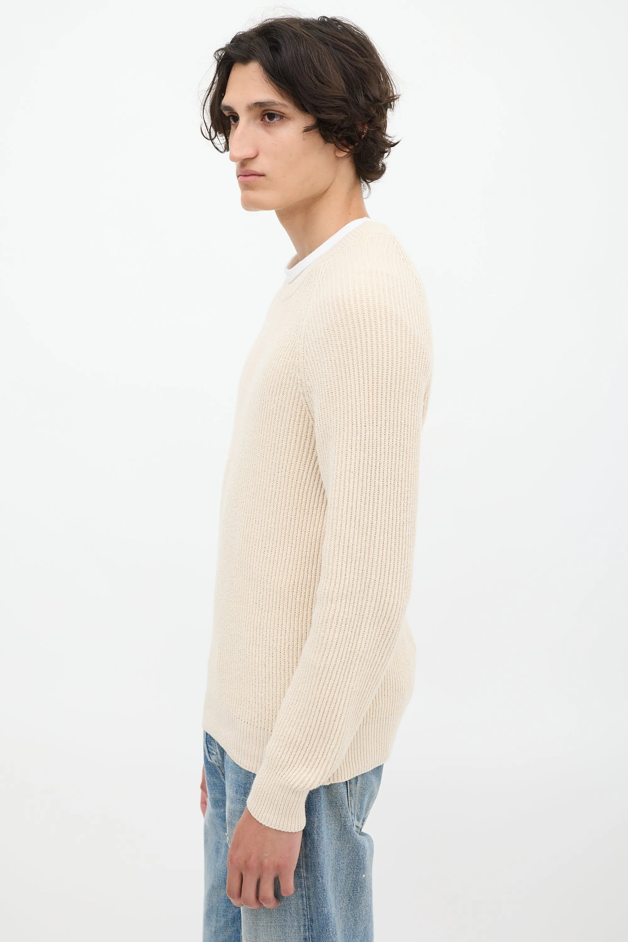 Beige Cotton Rib Knit Sweater