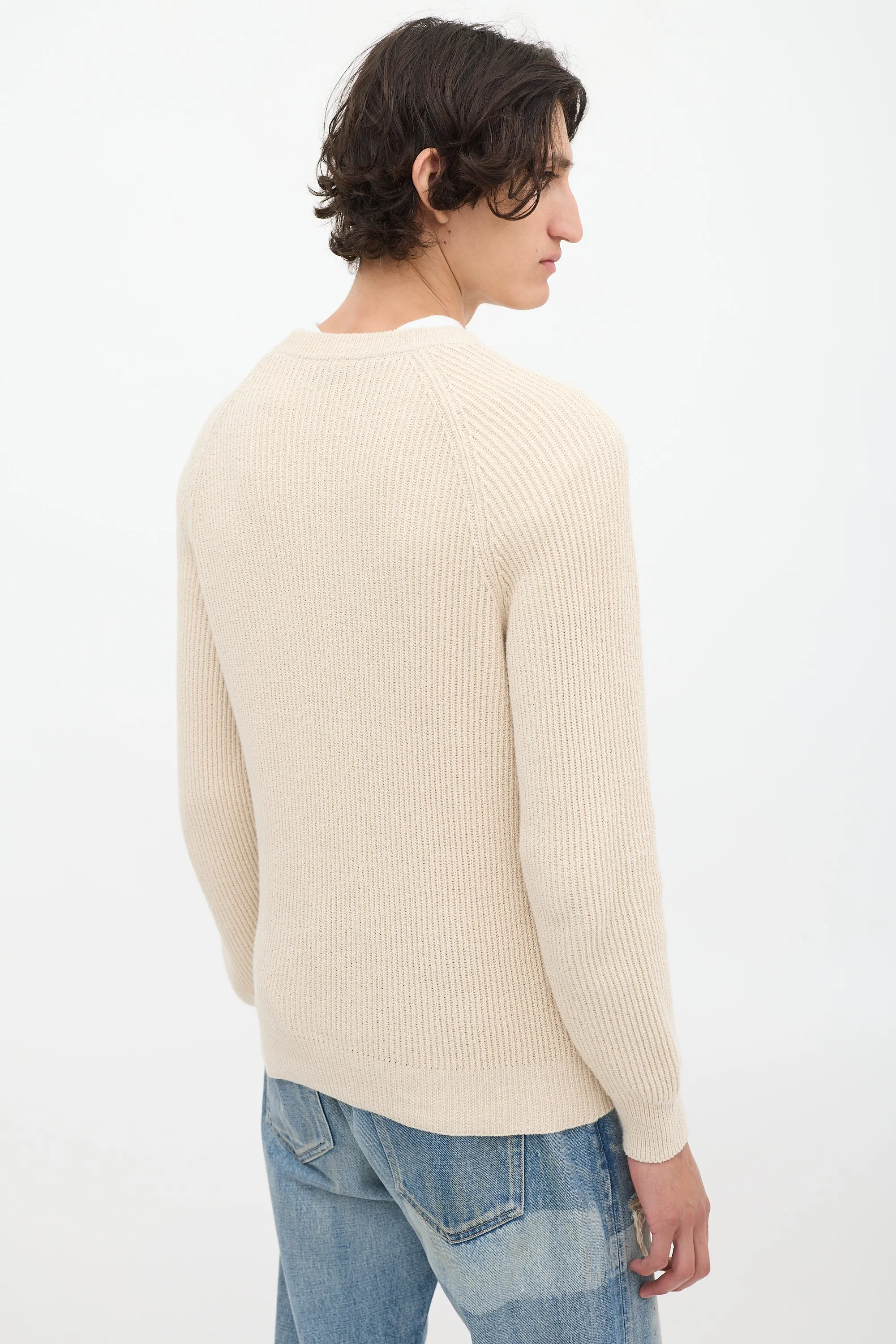 Beige Cotton Rib Knit Sweater