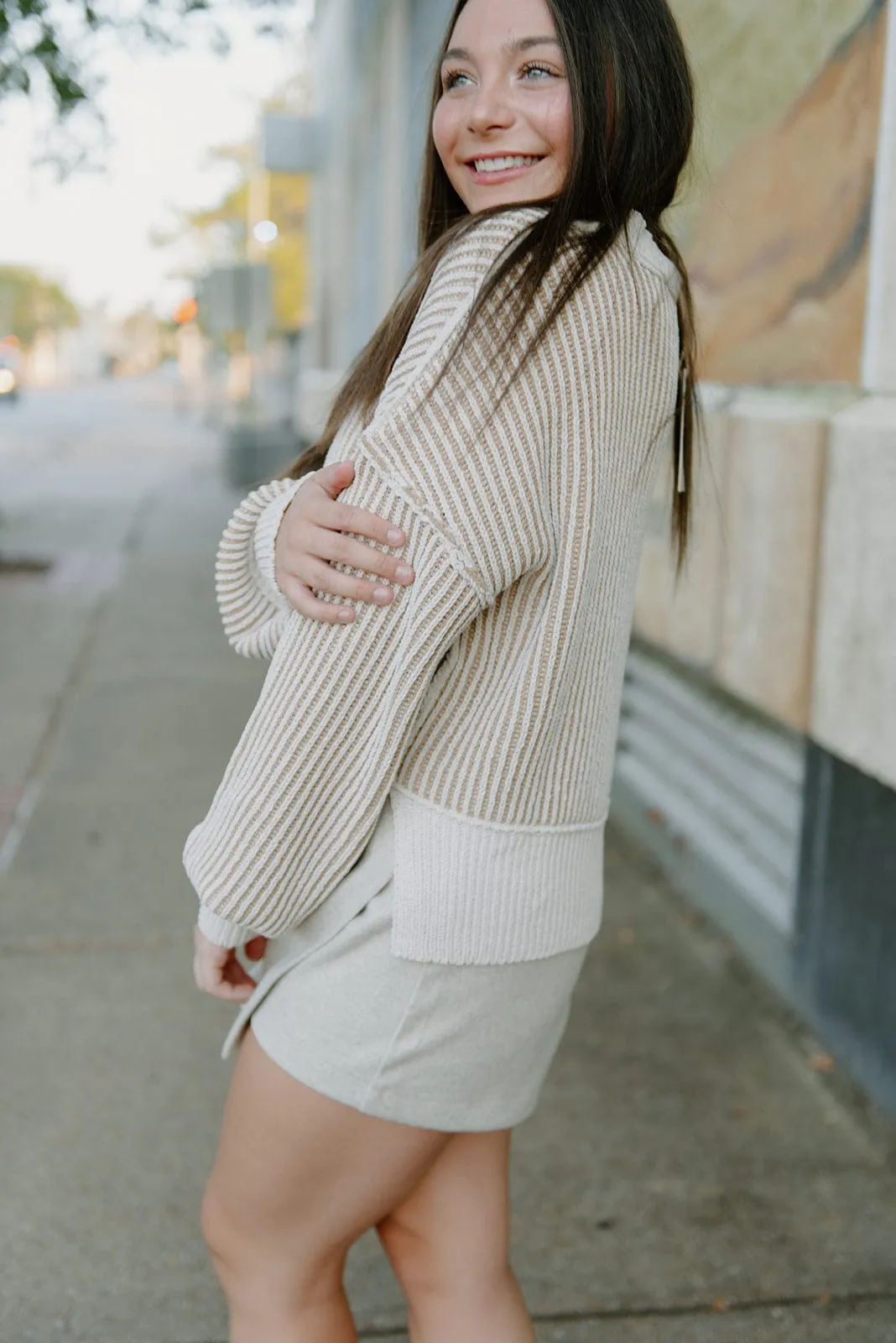 Beige Two Tone Striped Sweater