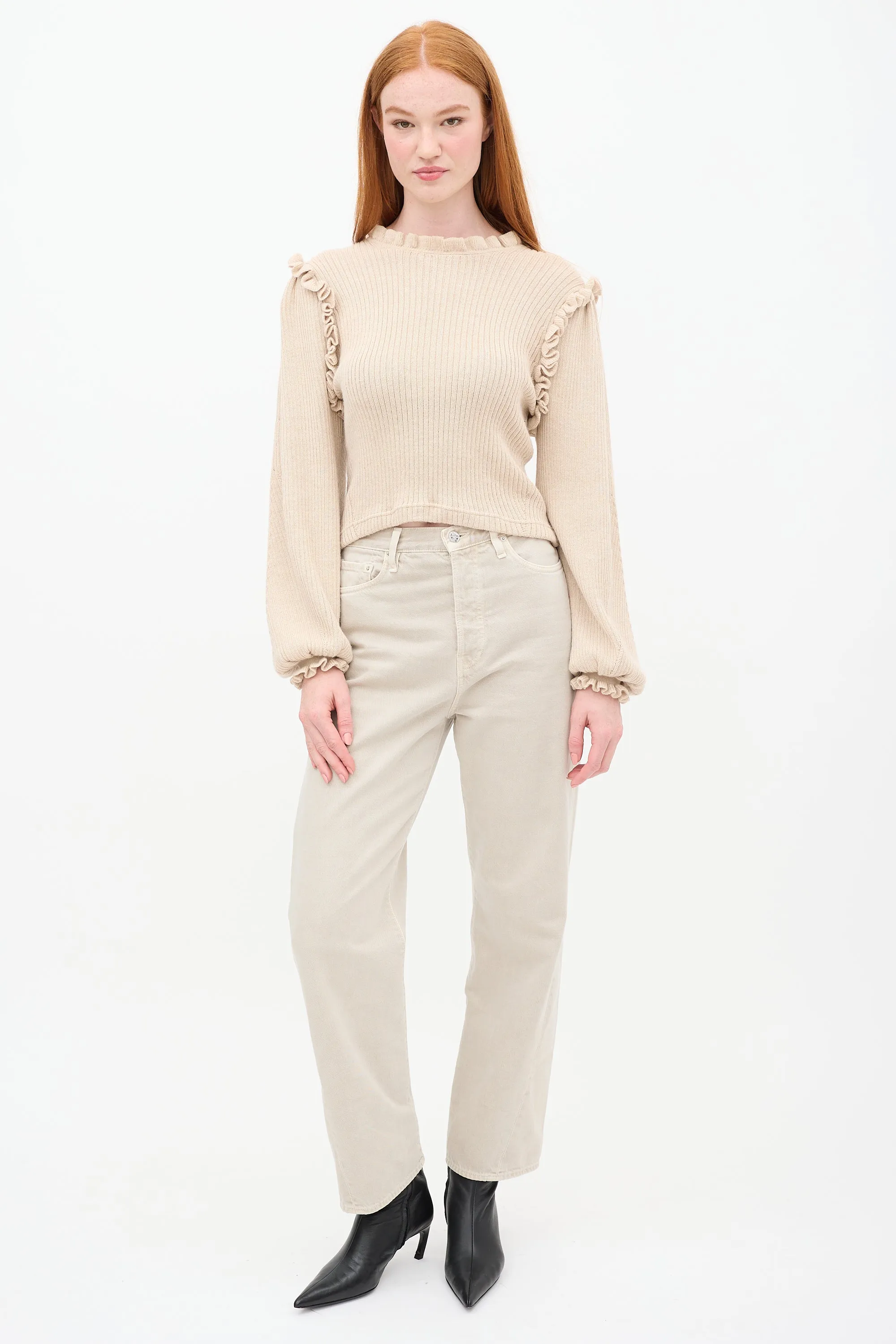 Beige Wool & Silk Knit Ruffle Sweater