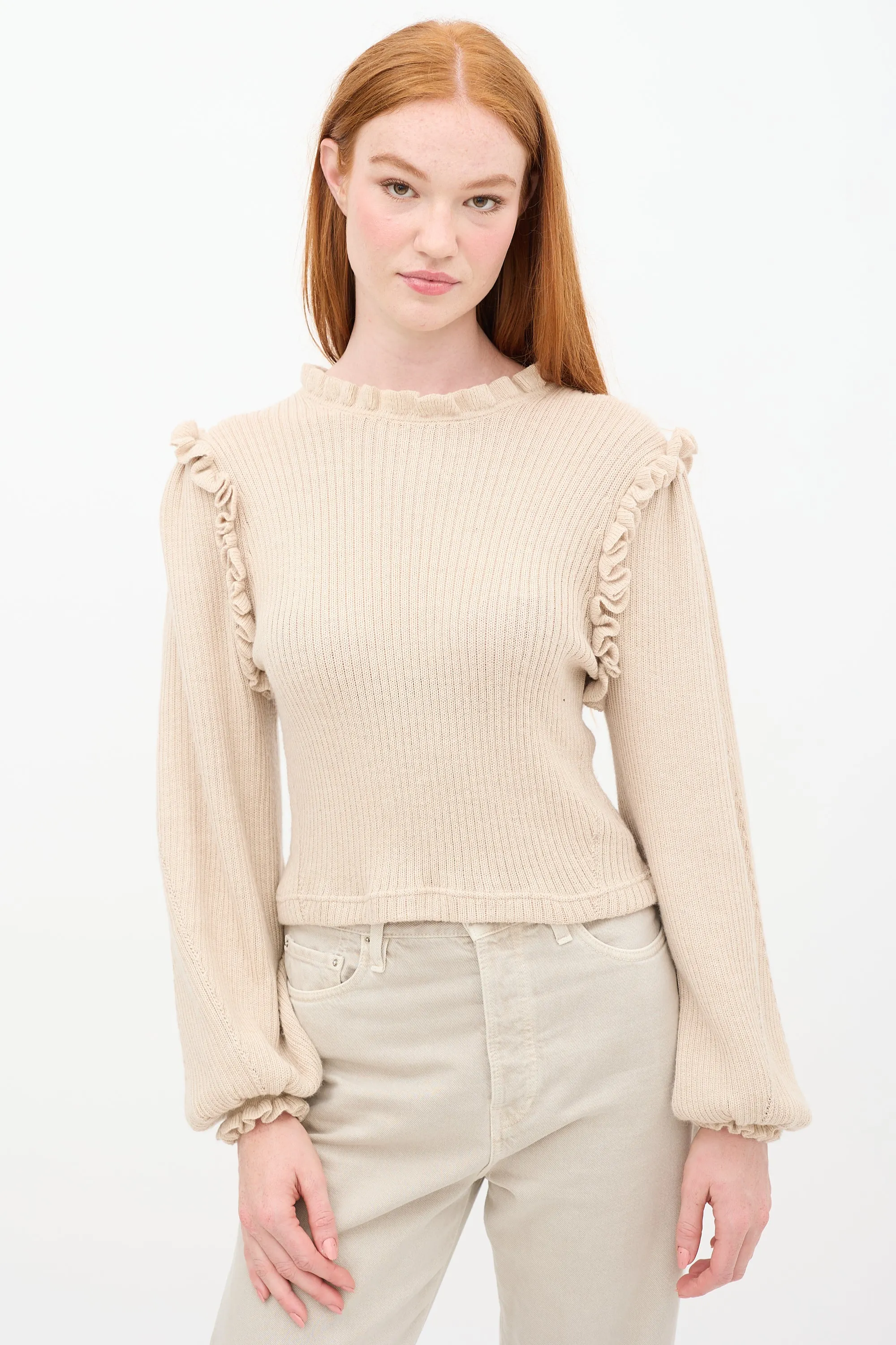 Beige Wool & Silk Knit Ruffle Sweater