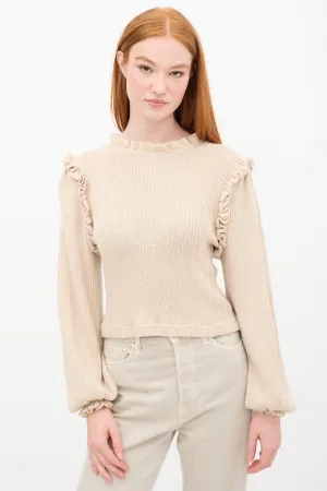 Beige Wool & Silk Knit Ruffle Sweater