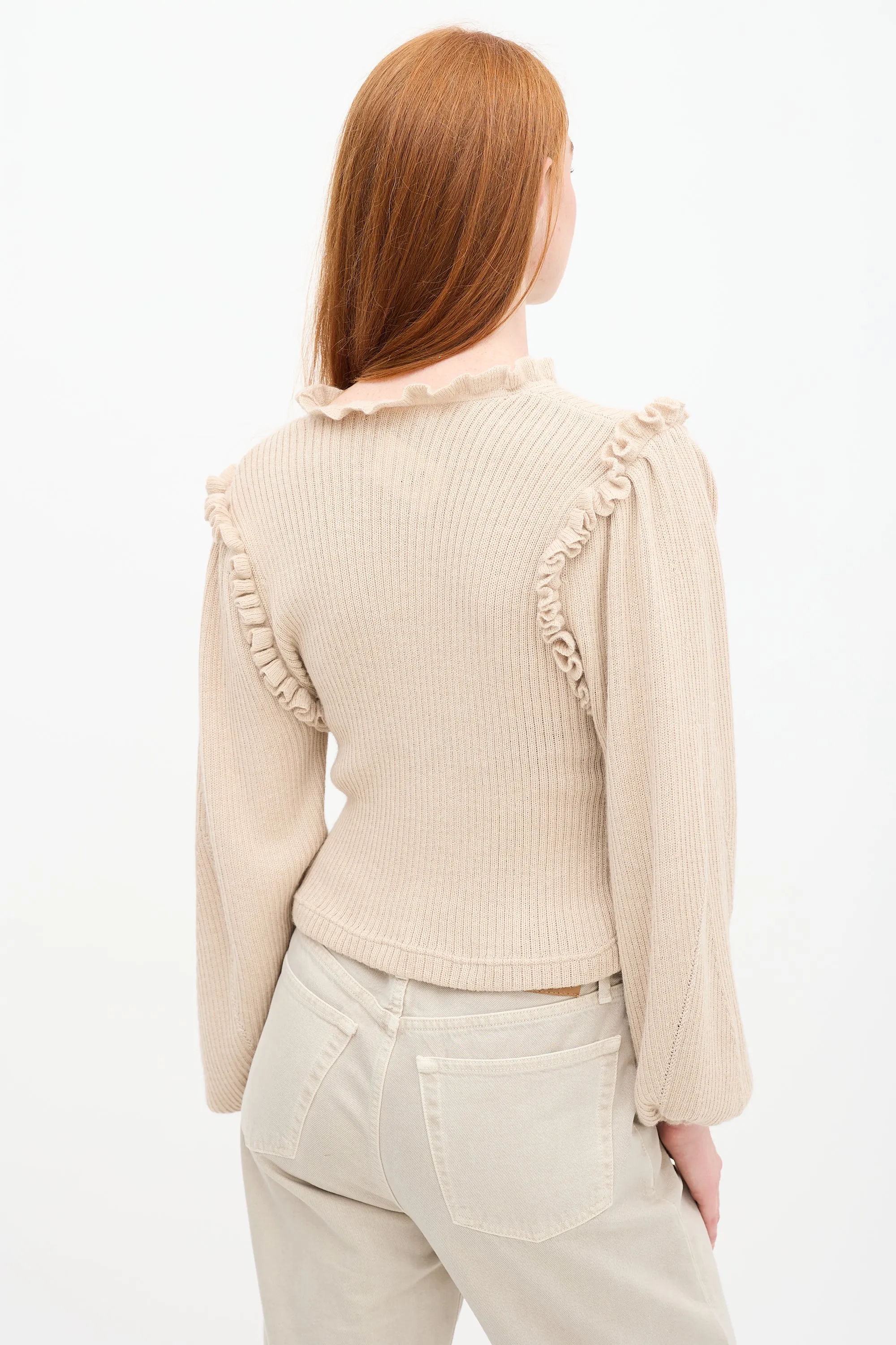 Beige Wool & Silk Knit Ruffle Sweater