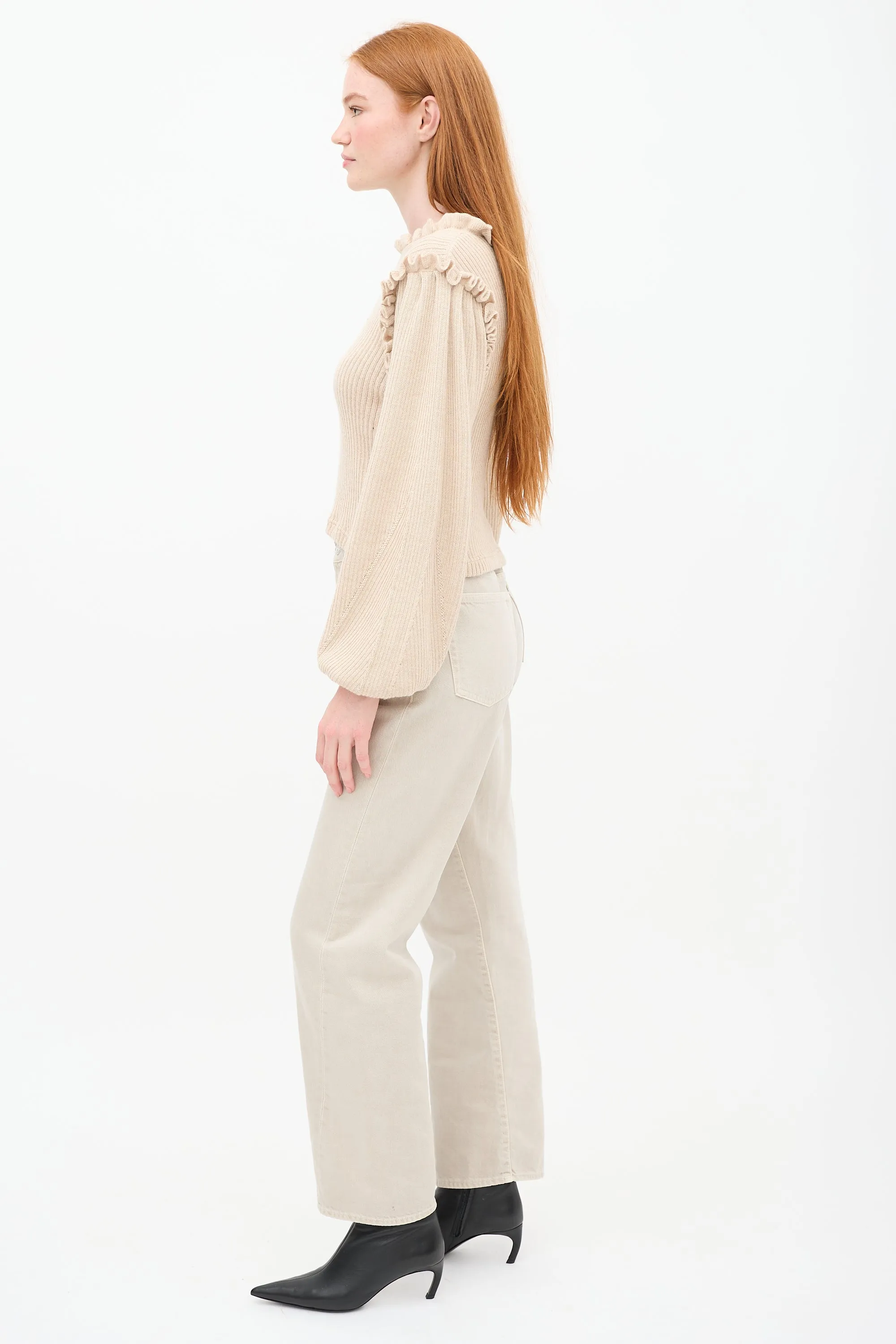 Beige Wool & Silk Knit Ruffle Sweater