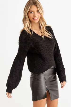 Black Cable Knit Wrap Tie Long Sleeve Sweater Cardigan /2-2-2