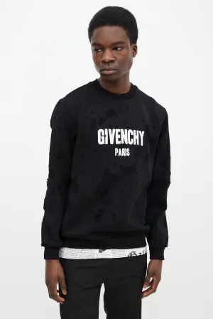 Black Cotton & White Logo Distressed Sweater