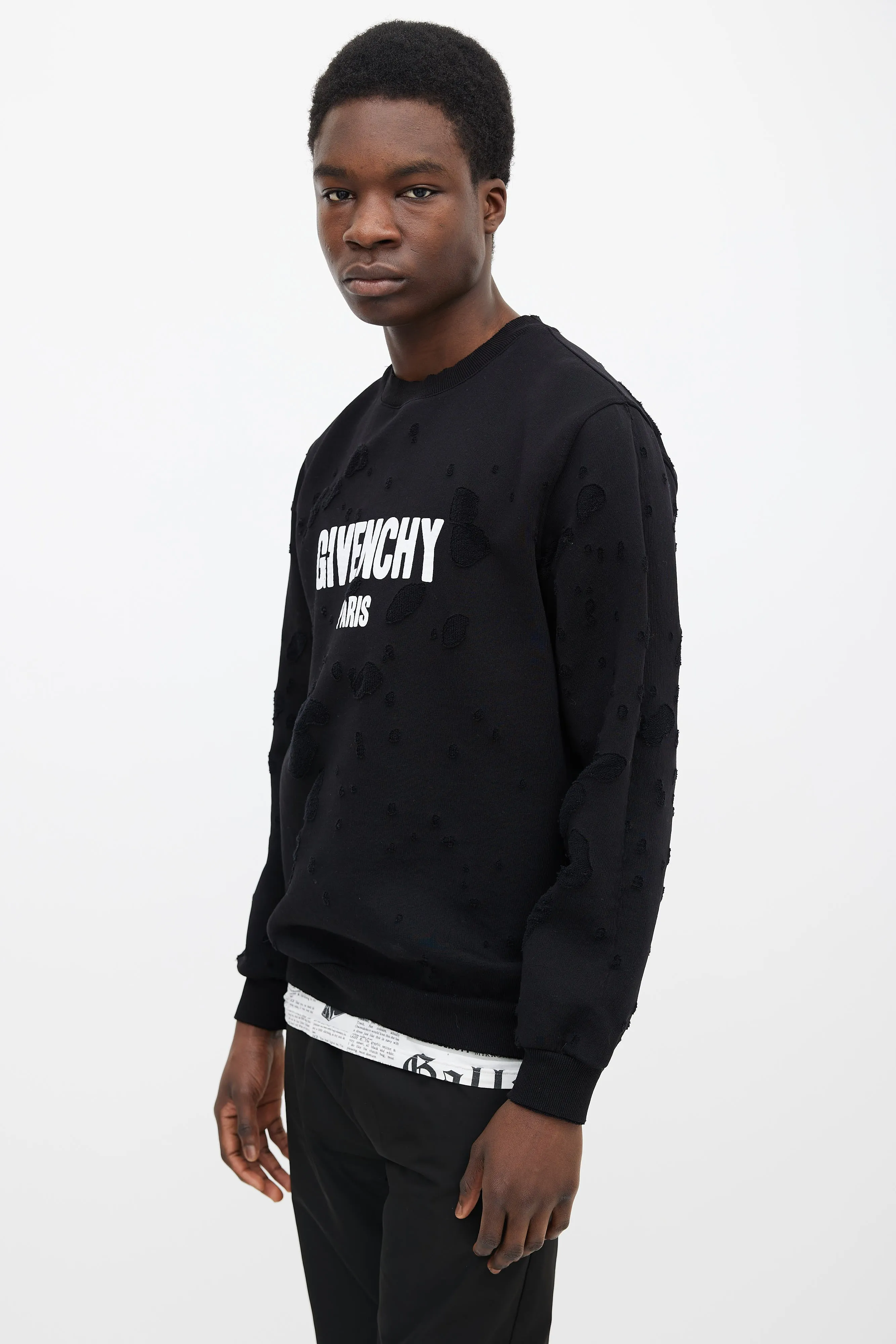 Black Cotton & White Logo Distressed Sweater