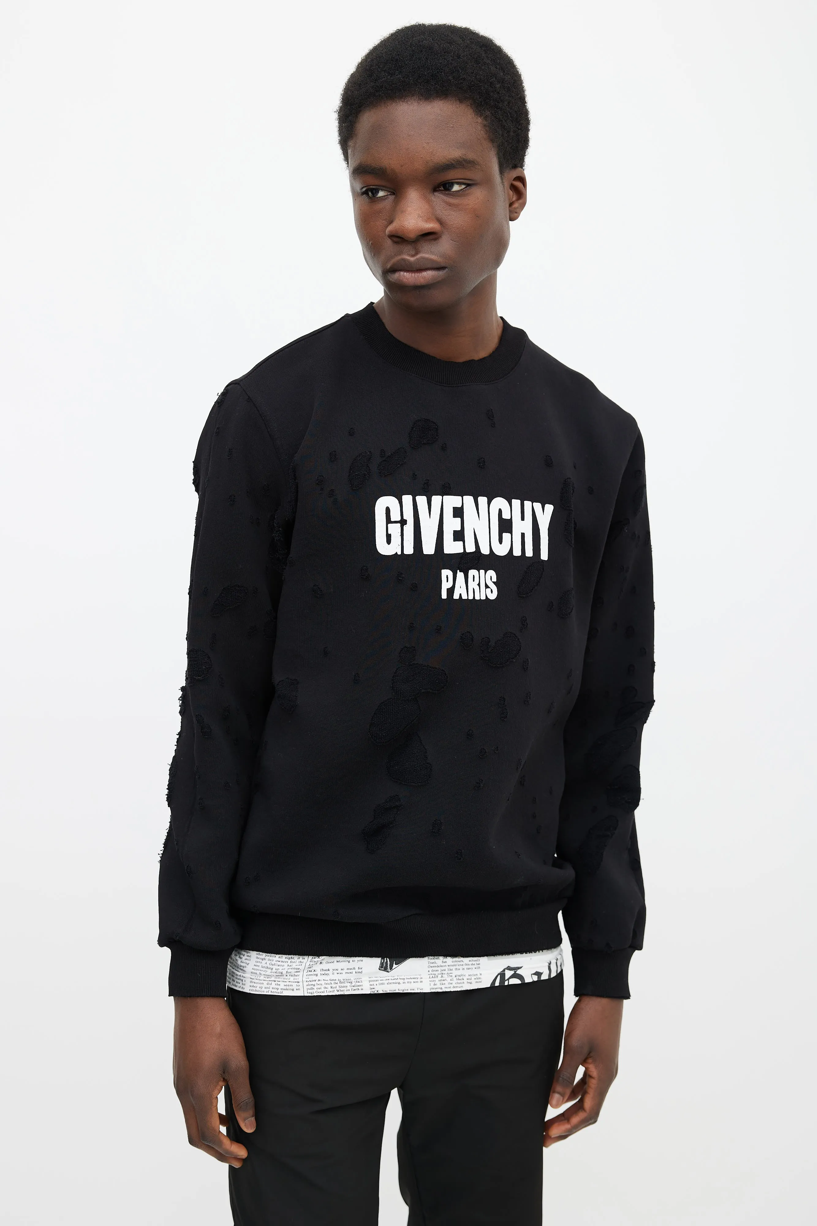 Black Cotton & White Logo Distressed Sweater