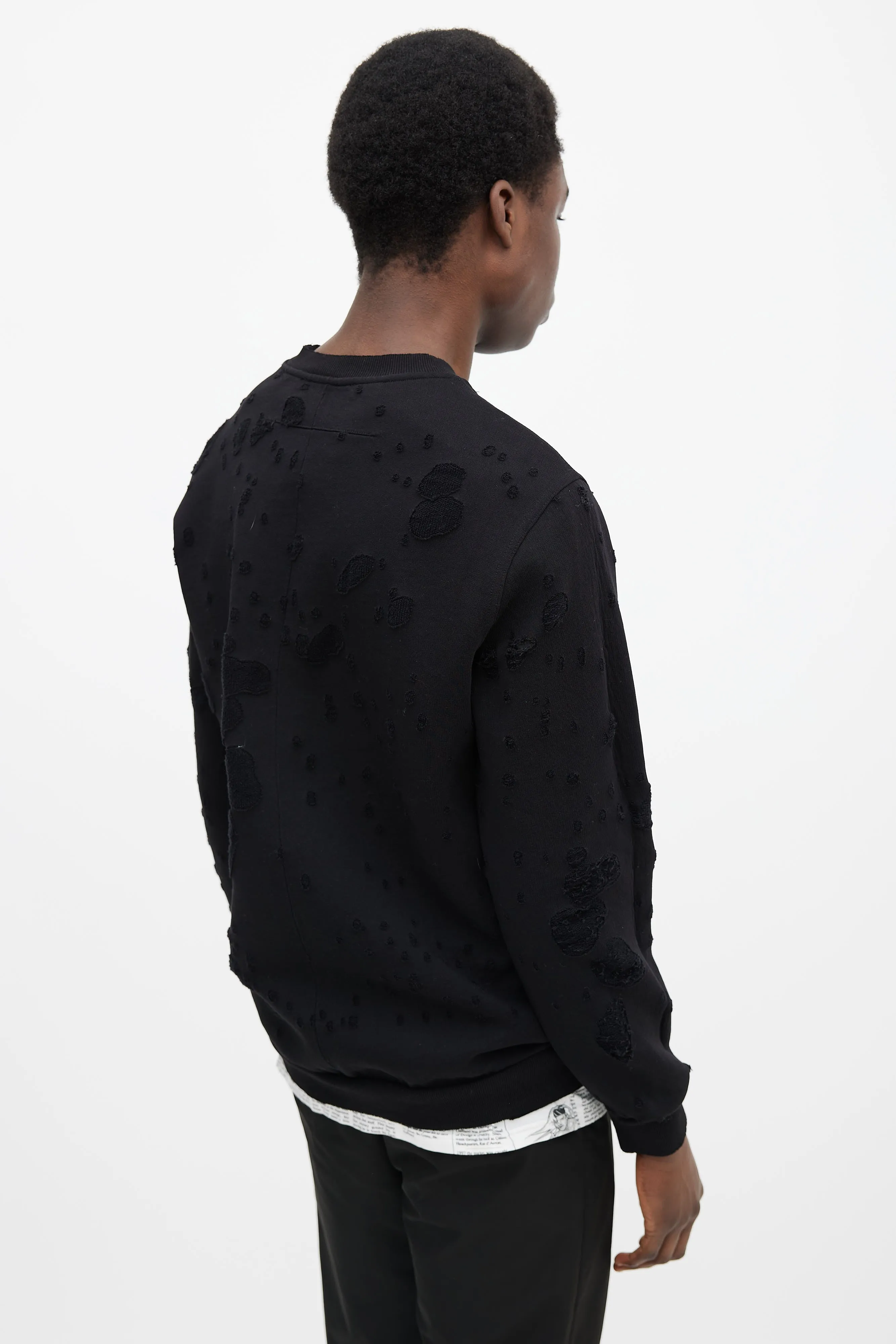 Black Cotton & White Logo Distressed Sweater