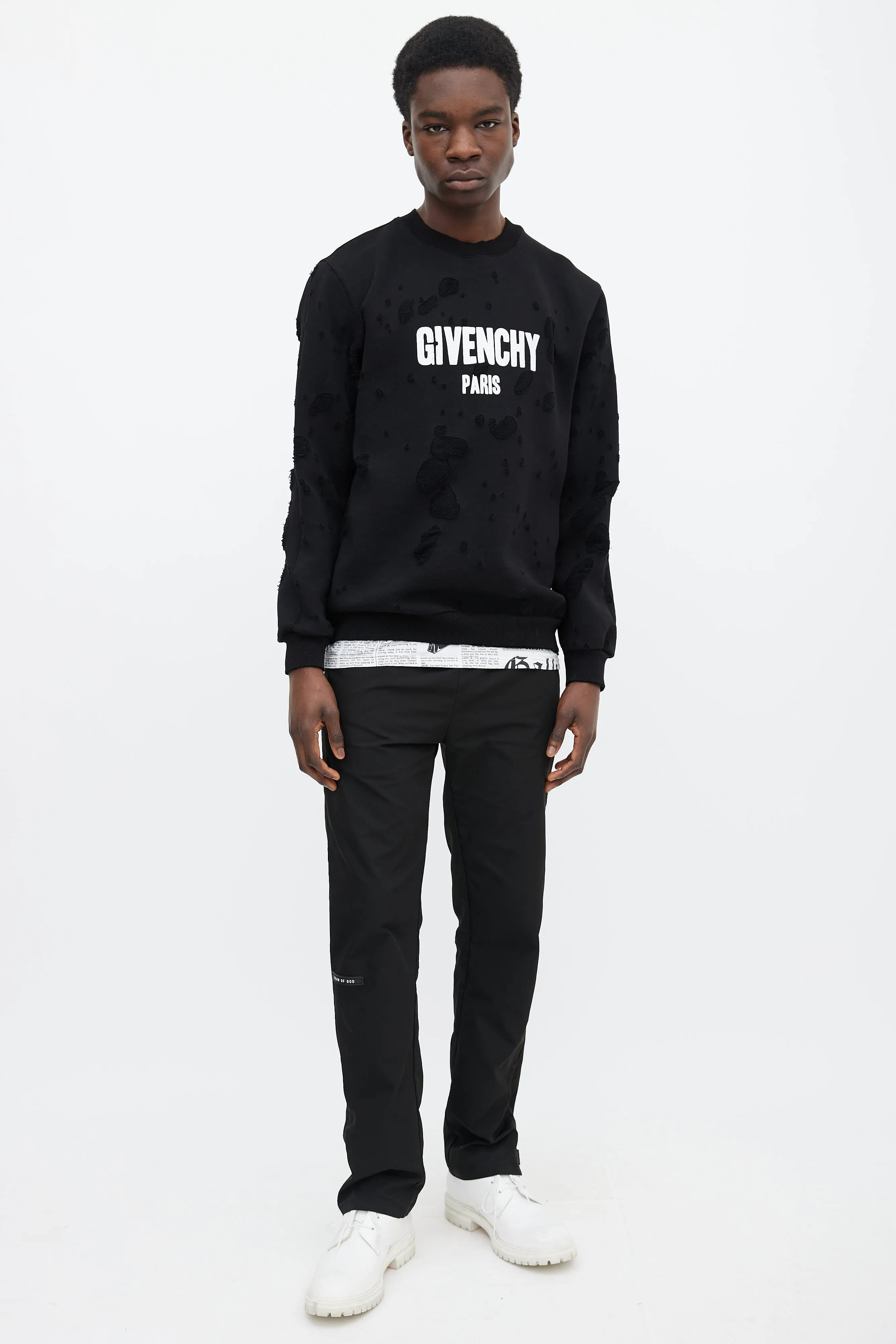 Black Cotton & White Logo Distressed Sweater