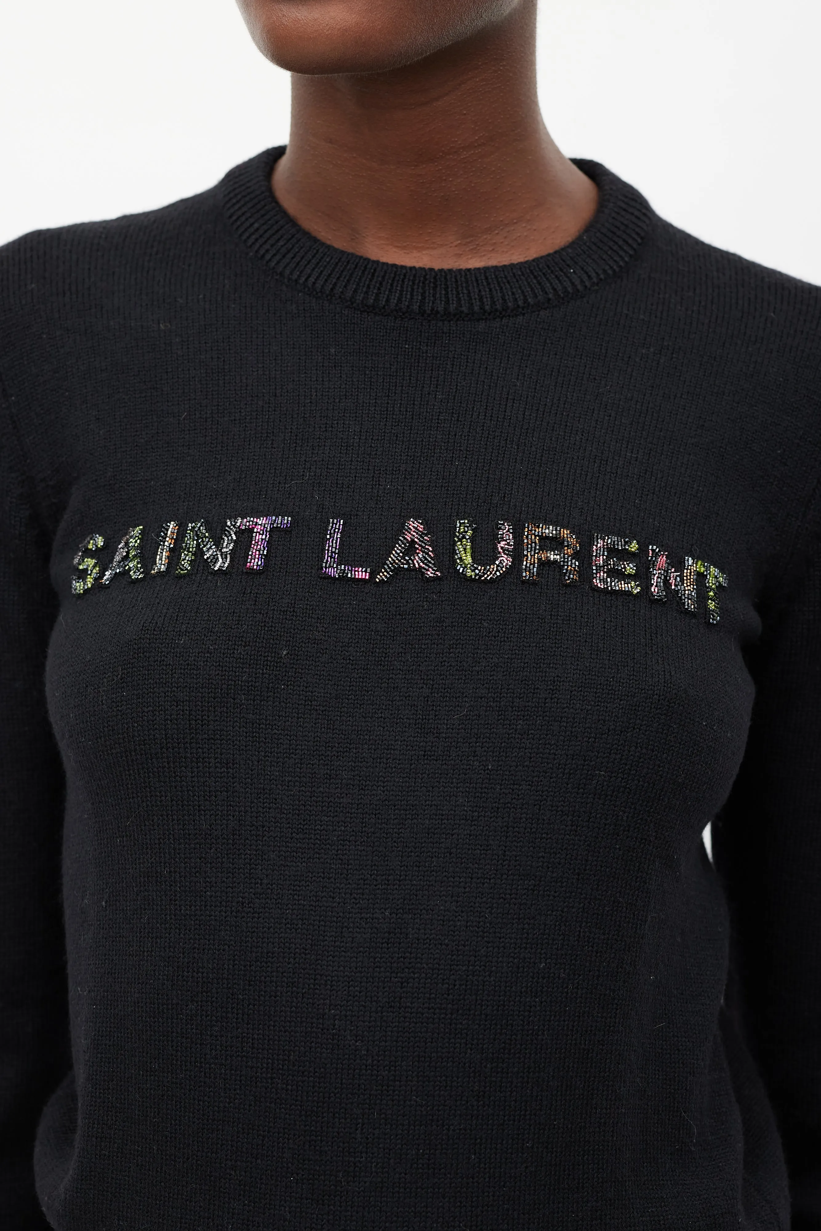Black Wool Beaded Logo Sweater