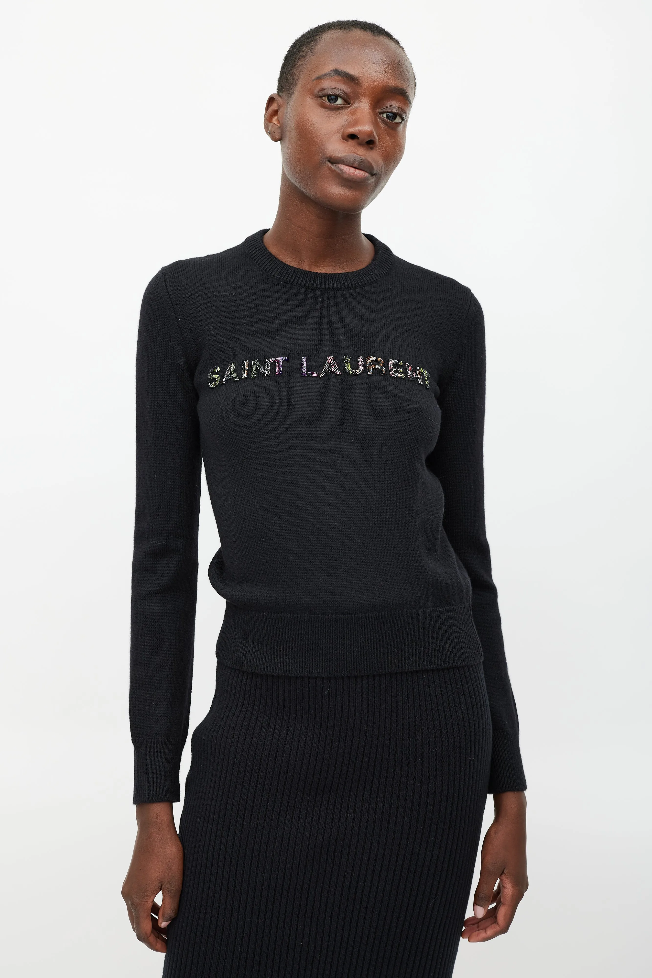 Black Wool Beaded Logo Sweater