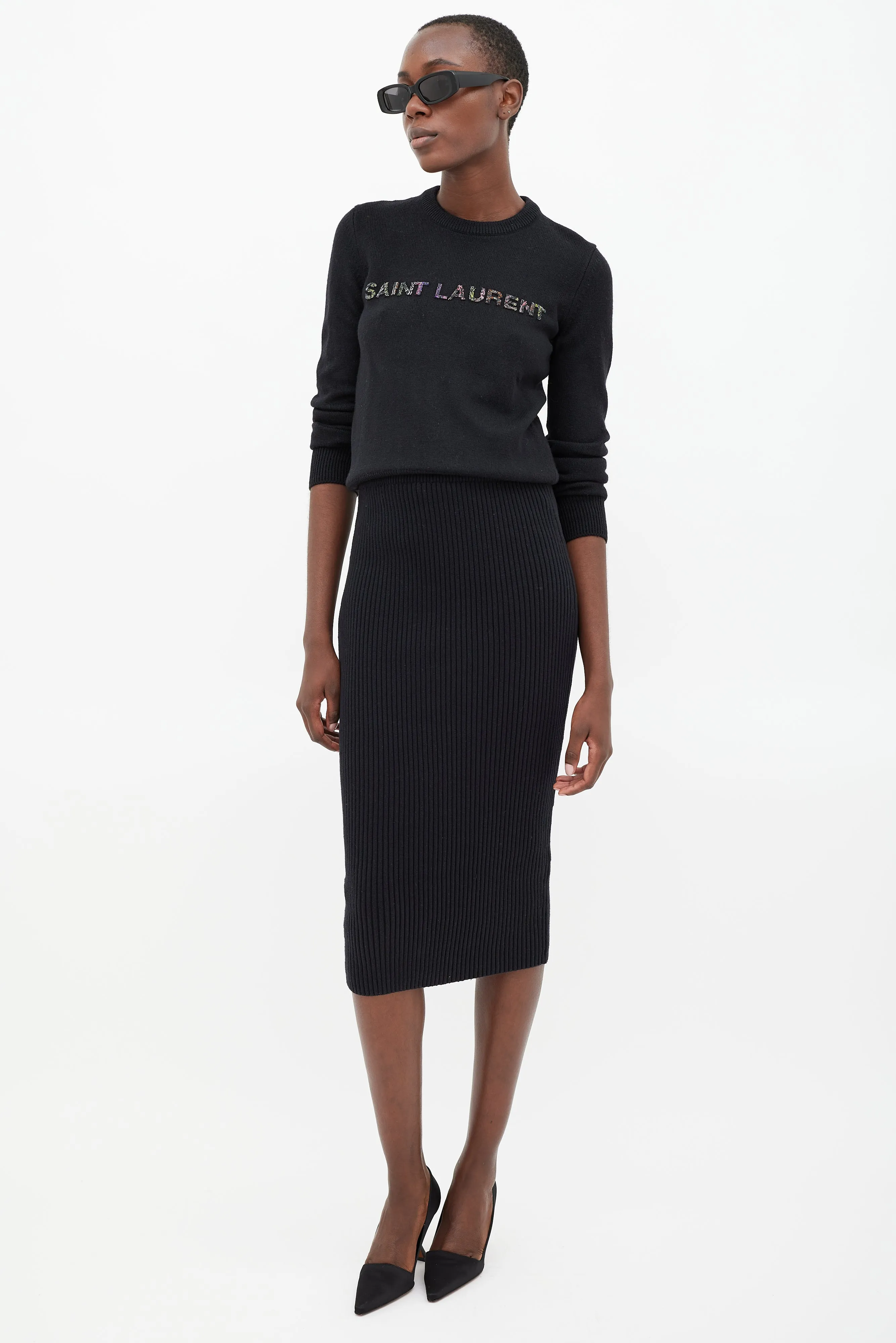 Black Wool Beaded Logo Sweater