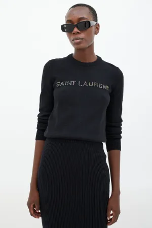 Black Wool Beaded Logo Sweater