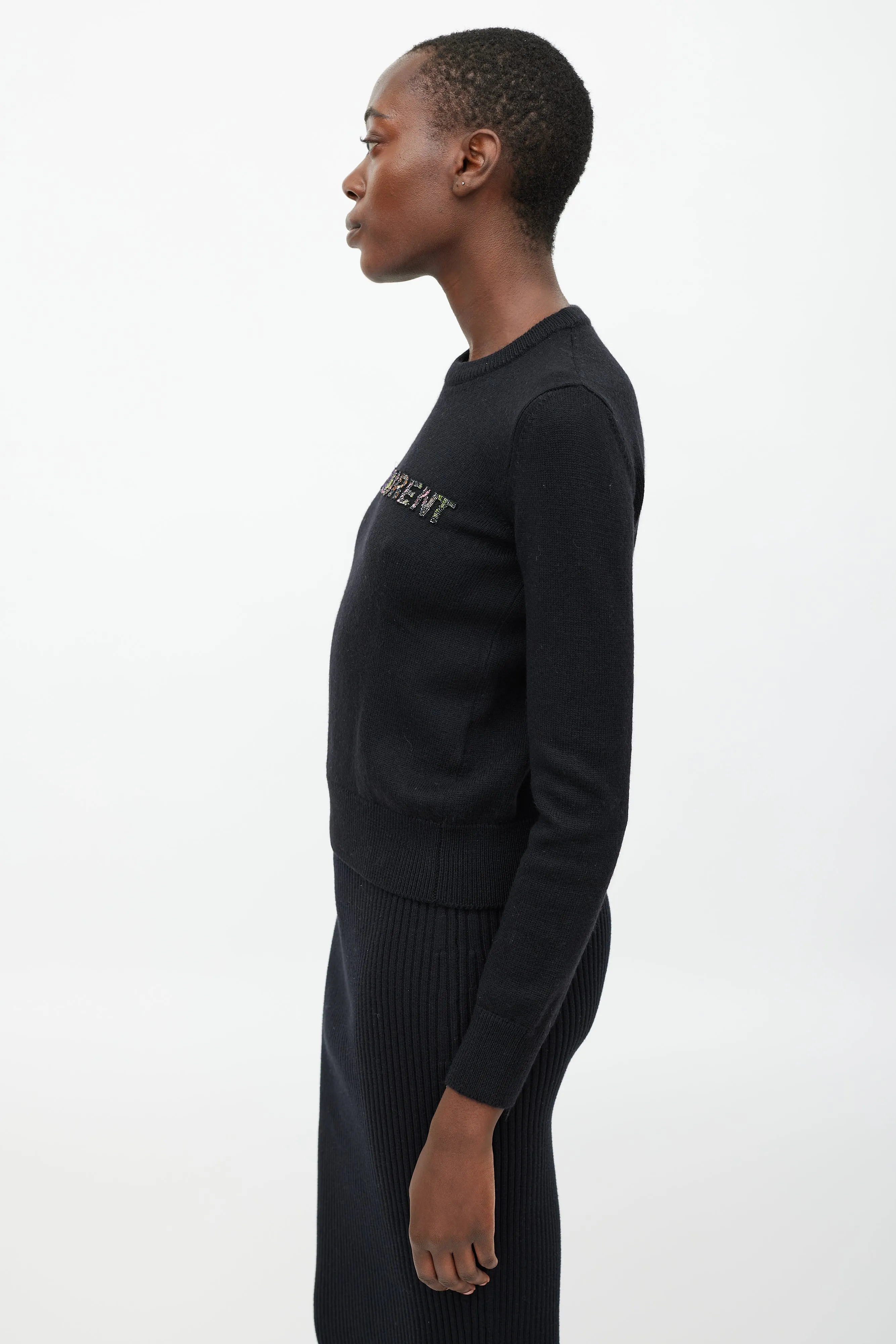 Black Wool Beaded Logo Sweater
