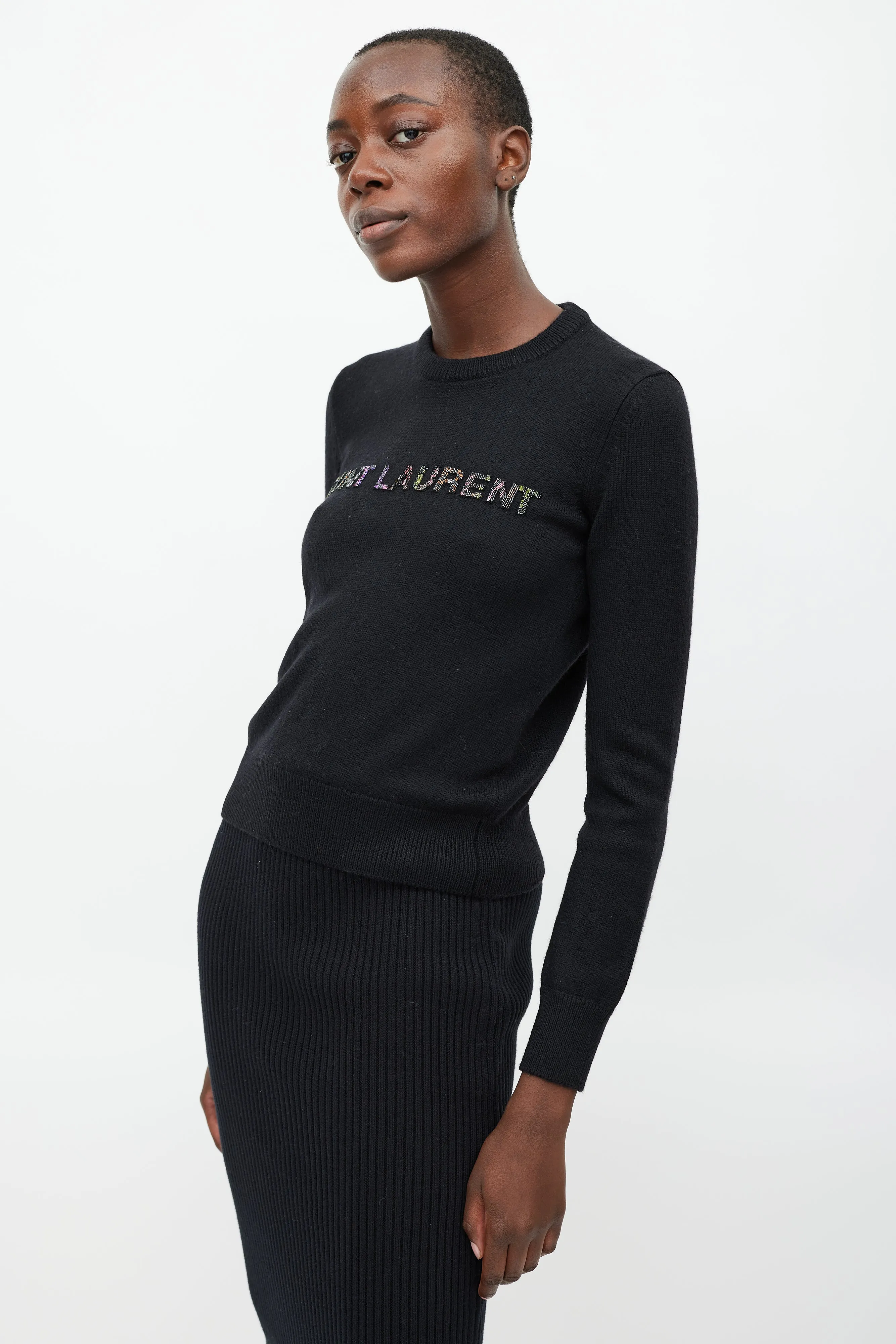 Black Wool Beaded Logo Sweater