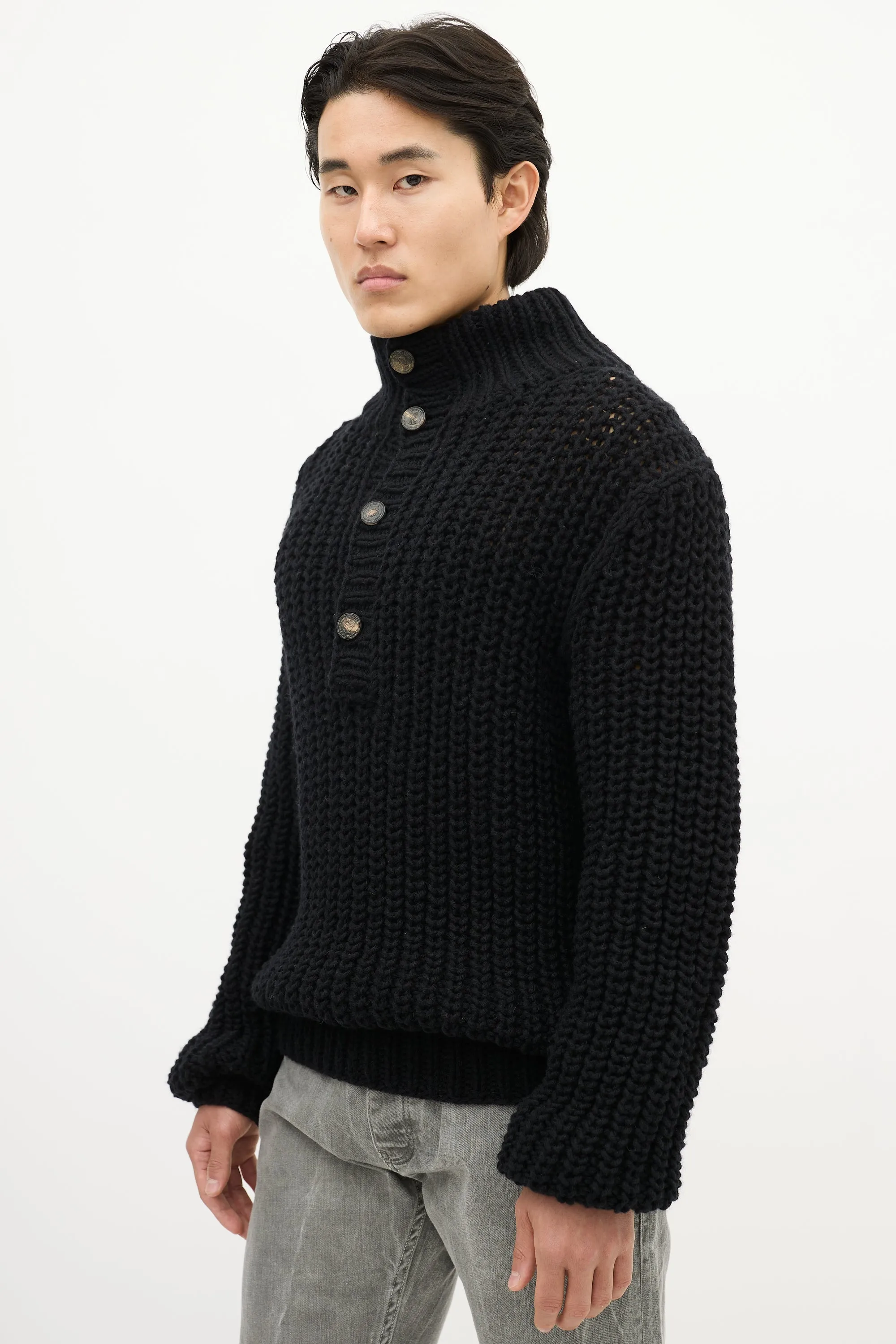 Black Wool Knit Quarter Button Up Sweater
