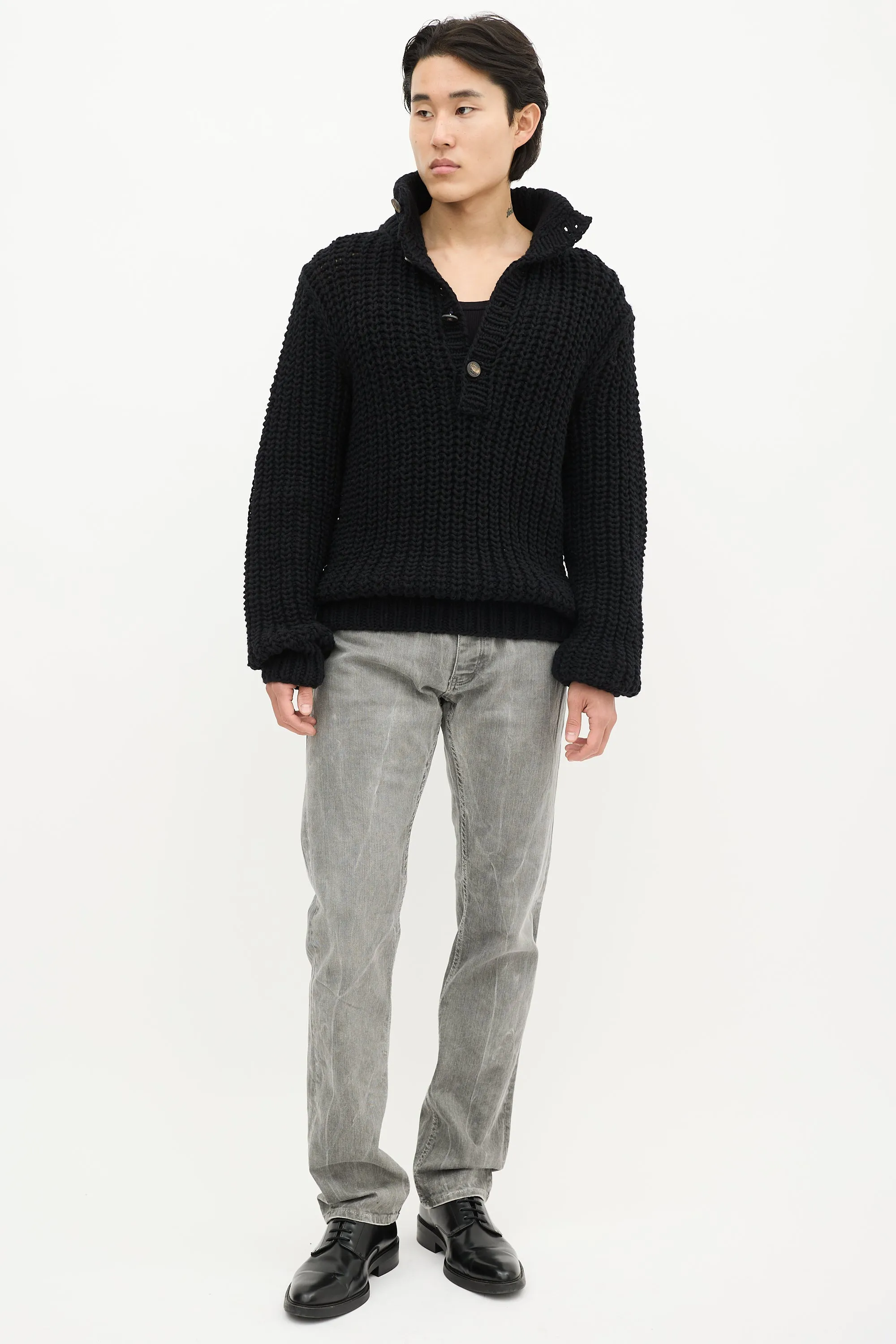 Black Wool Knit Quarter Button Up Sweater