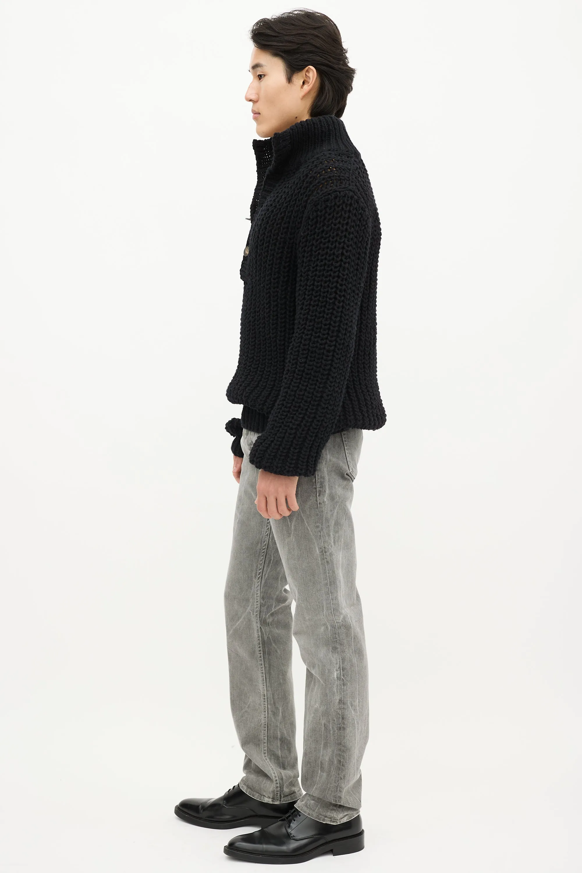 Black Wool Knit Quarter Button Up Sweater