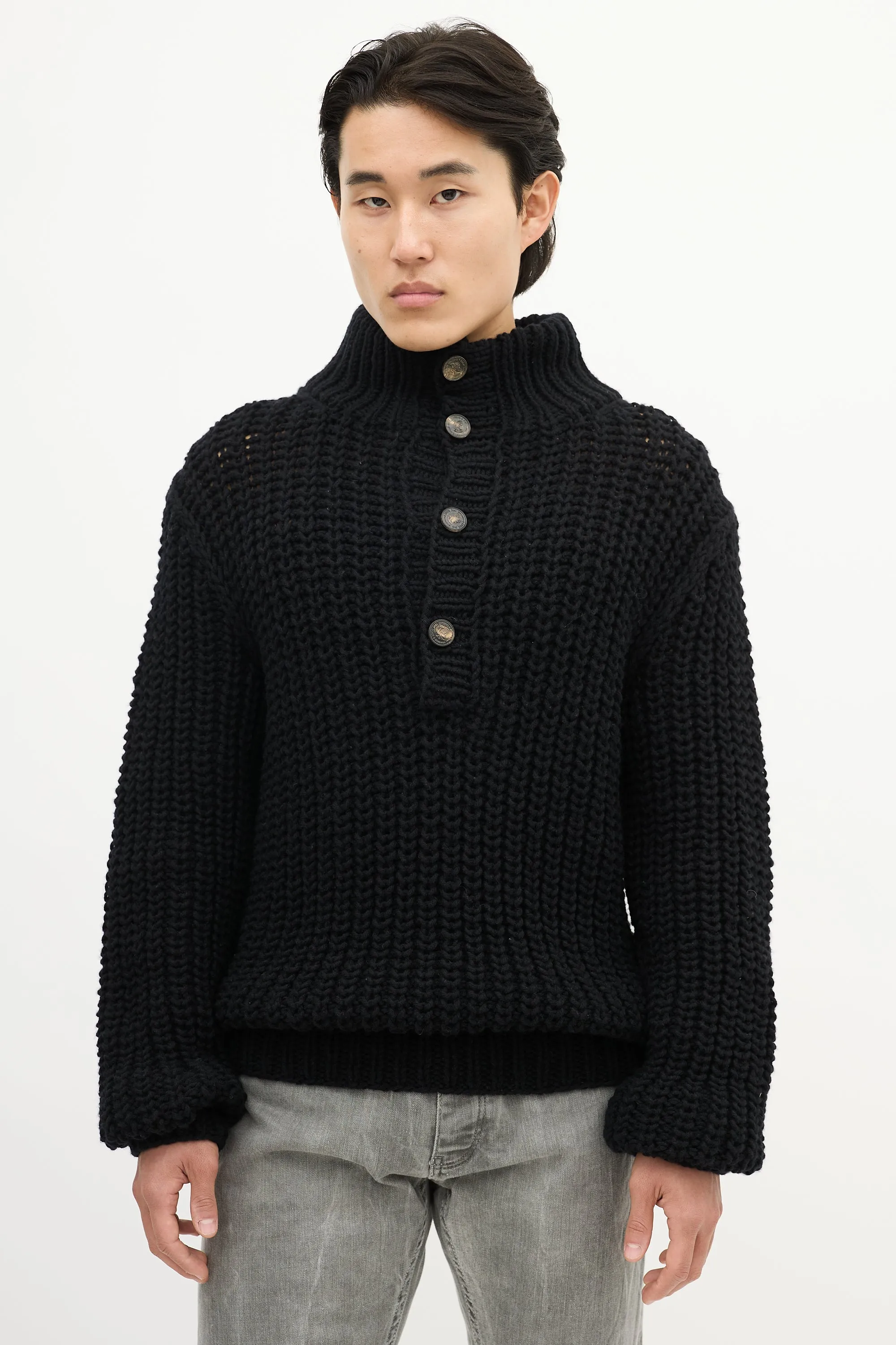 Black Wool Knit Quarter Button Up Sweater