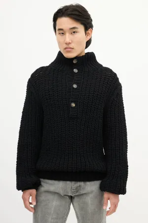 Black Wool Knit Quarter Button Up Sweater