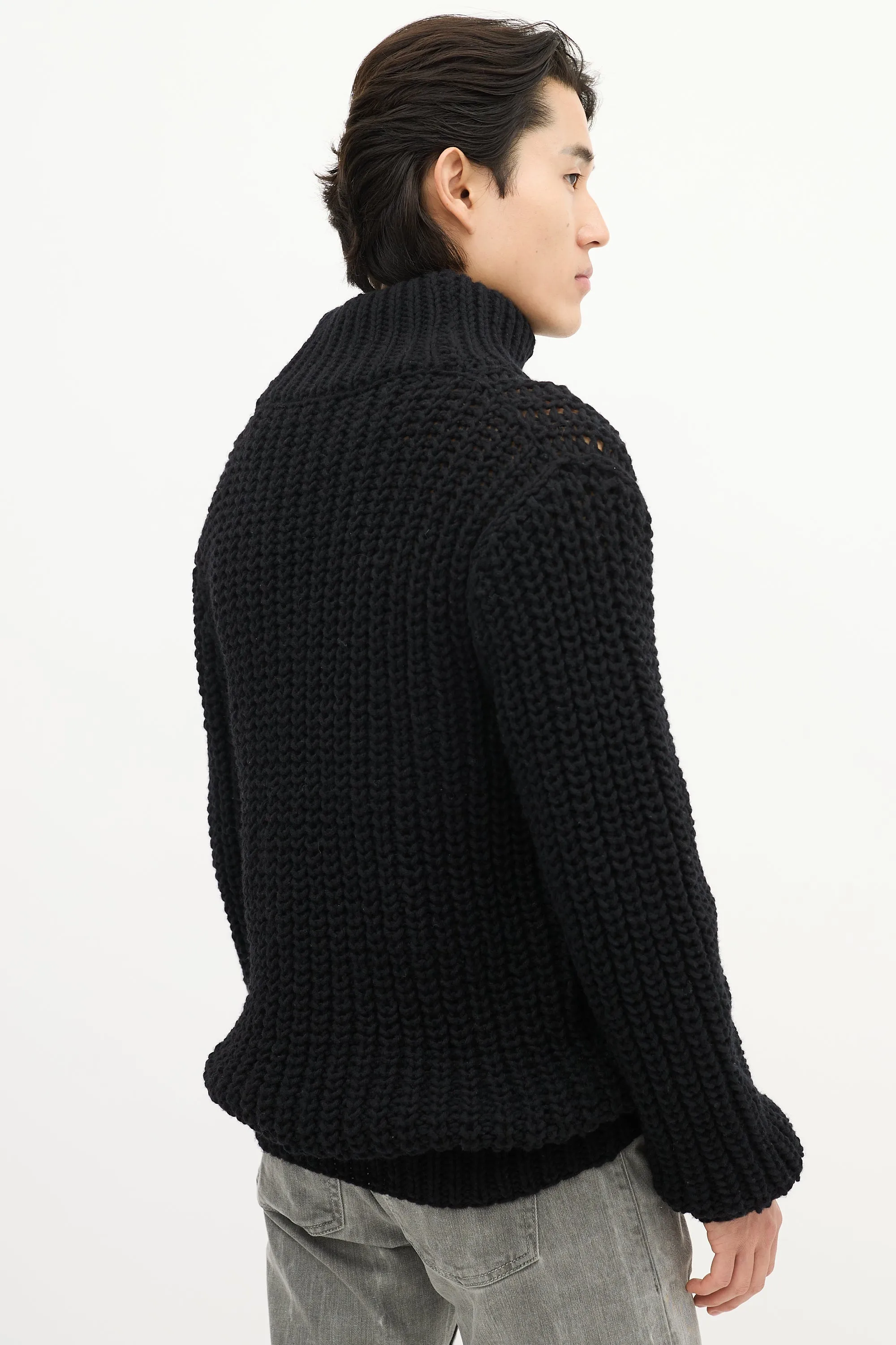 Black Wool Knit Quarter Button Up Sweater