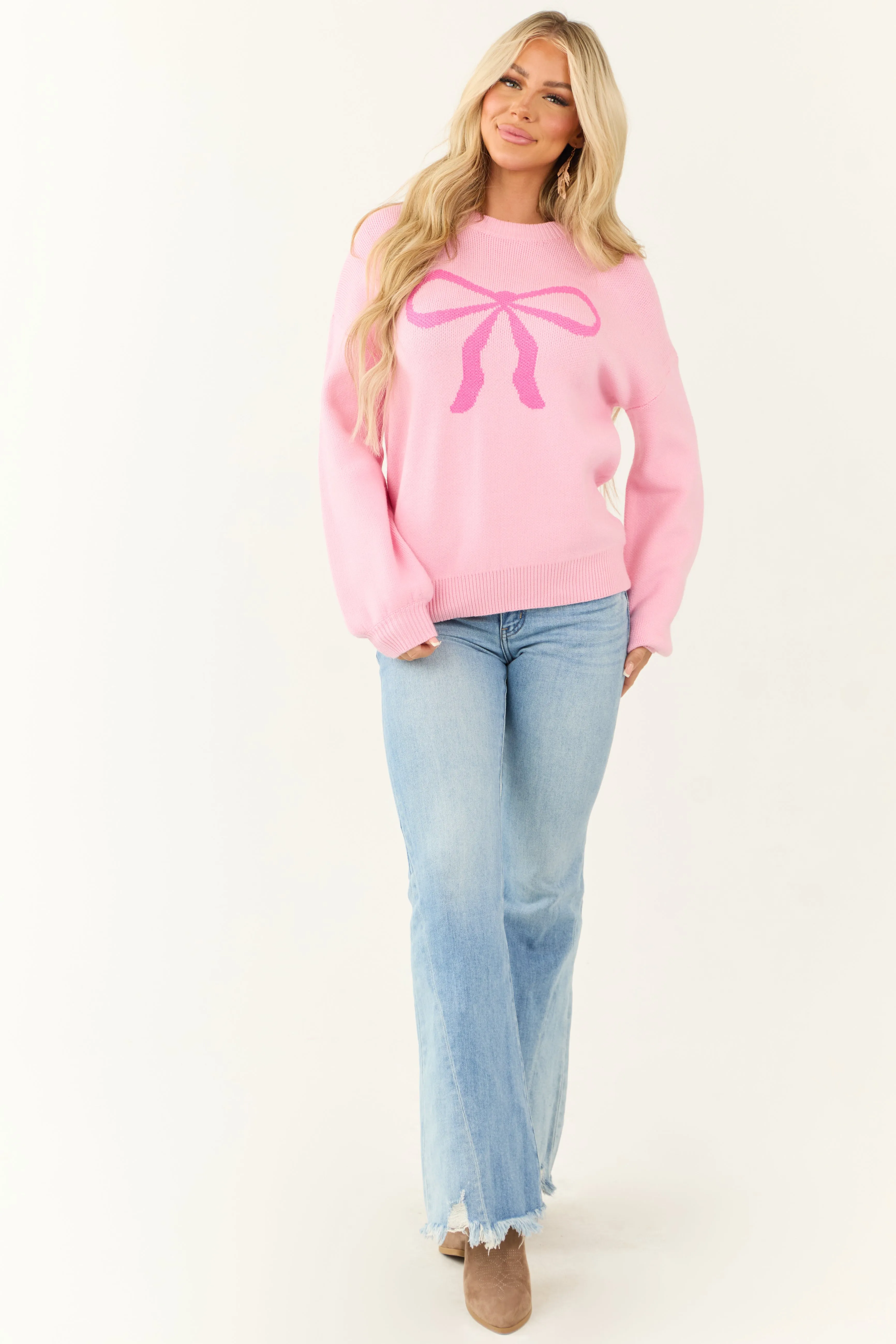 Bright Carnation Bow Graphic Puff Sleeve Sweater