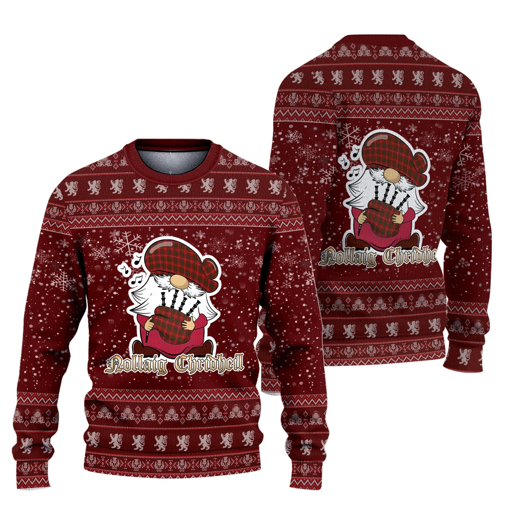 Bruce Clan Christmas Family Ugly Sweater with Funny Gnome Playing Bagpipes