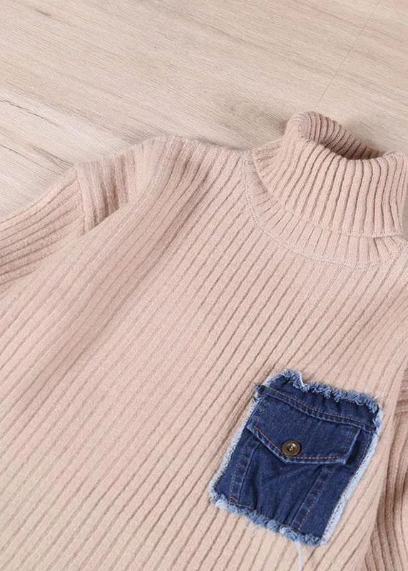 Casual Black Pockets High Neck Fall Knit Top