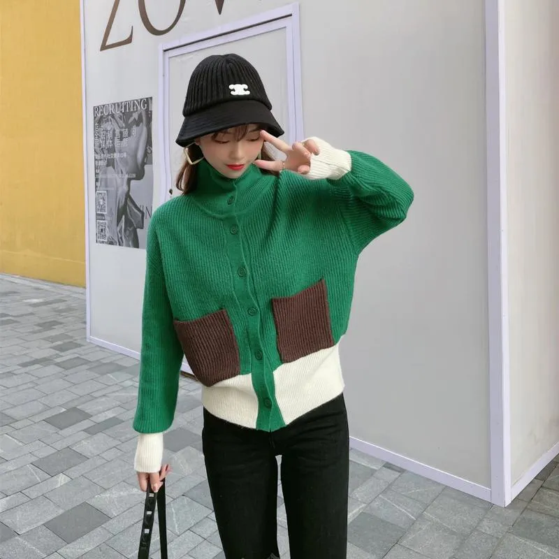 Chic High-Necked Color Blocking Niche Knitted Lazy Cardigan