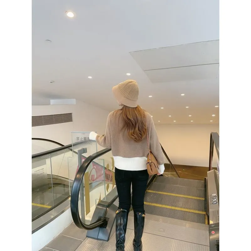 Chic High-Necked Color Blocking Niche Knitted Lazy Cardigan