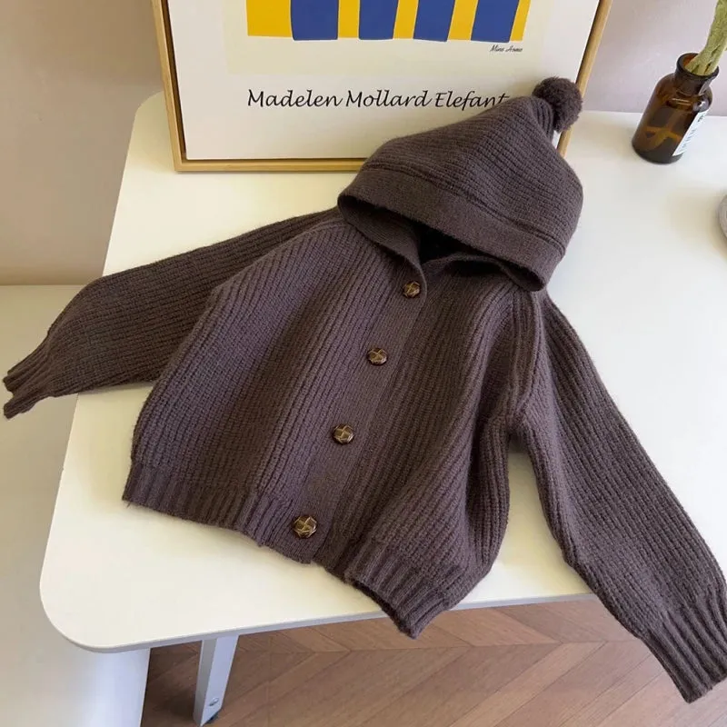 Children Knitted Sweaters Cardigan Autumn Winter Cute Solid Color Single-Breasted Hooded Coat Baby Cardigan Boys Girls Jacket