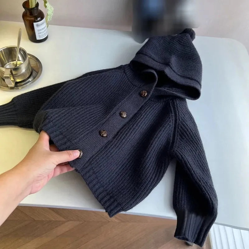 Children Knitted Sweaters Cardigan Autumn Winter Cute Solid Color Single-Breasted Hooded Coat Baby Cardigan Boys Girls Jacket