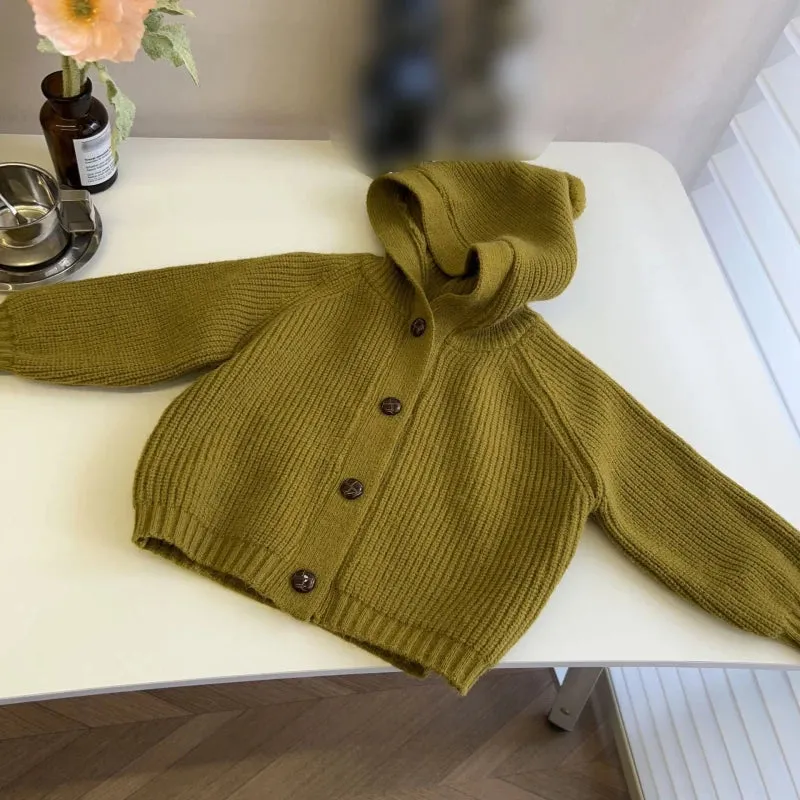 Children Knitted Sweaters Cardigan Autumn Winter Cute Solid Color Single-Breasted Hooded Coat Baby Cardigan Boys Girls Jacket