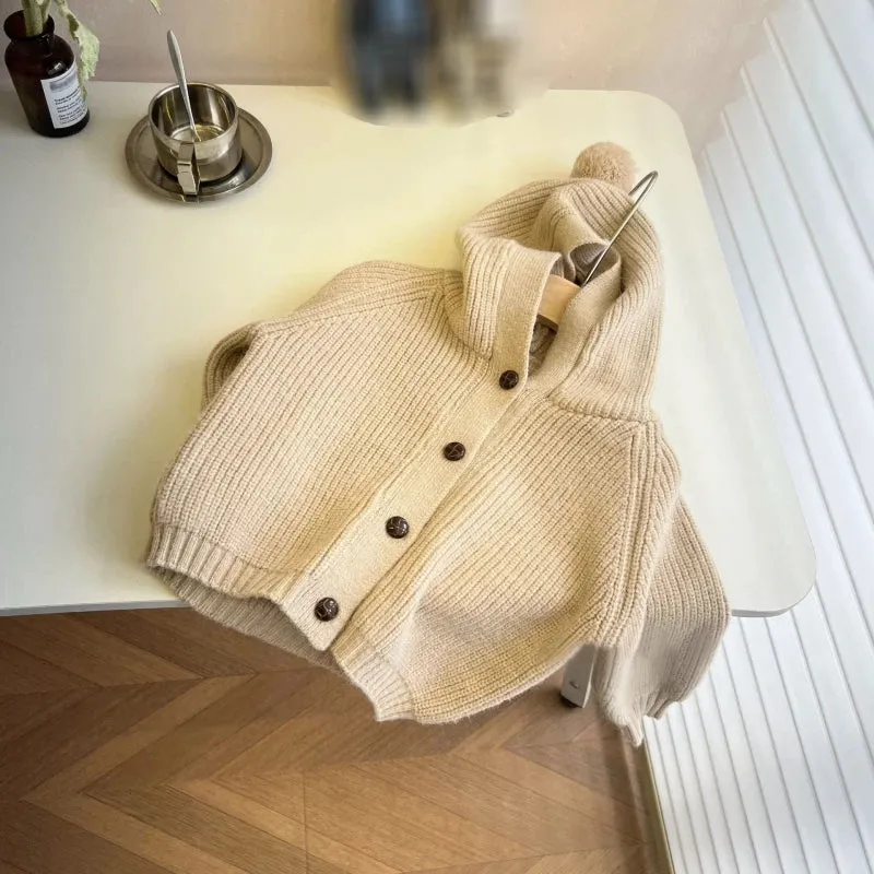 Children Knitted Sweaters Cardigan Autumn Winter Cute Solid Color Single-Breasted Hooded Coat Baby Cardigan Boys Girls Jacket