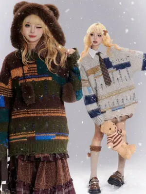 Coffee/Apricot Patchwork Distress Holes Loose Sweater